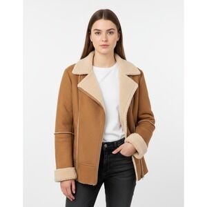 Velvet by Graham & Spencer Faux Sherpa Zip Up Jacket, Rollup Cuffs, Tan, Size L